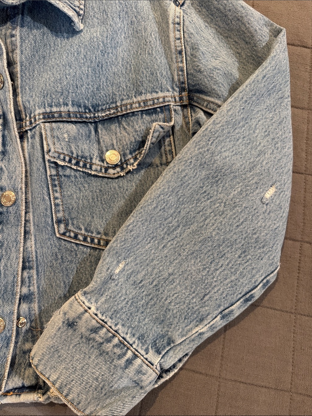 Zara Cropped Distressed Denim Jacket - Button Front - Picture 3 of 5